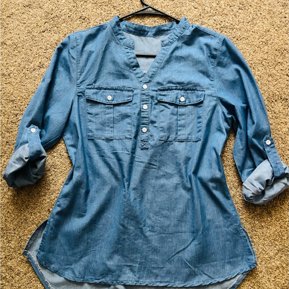 Faux Denim Buttoned Relaxed Blouse with Mandarin Collar